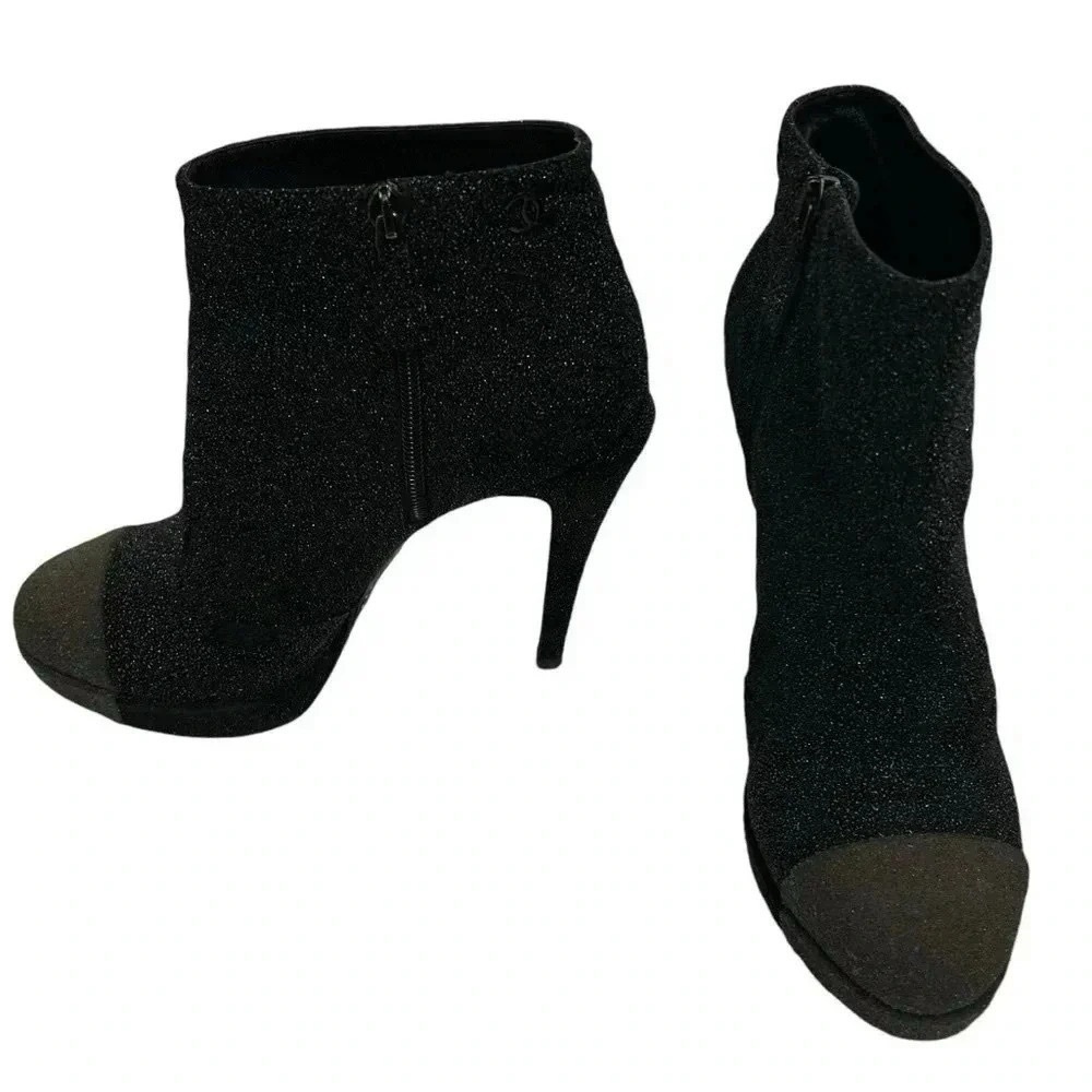 Chanel Glitter Suede CC Cap Toe Ankle Boots Black 40.5 Stiletto Heels - Picture 9 of 15